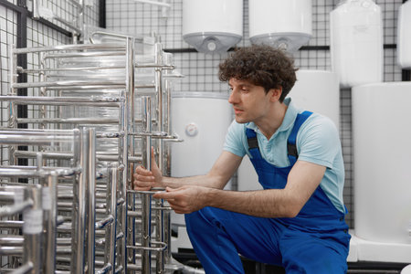 Plumber choosing metallic heated towel rail at plumbing store departmentの写真素材