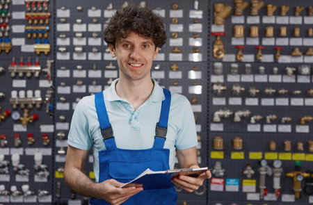 Portrait of salesman standing with clipboard over plumbing store displayの写真素材