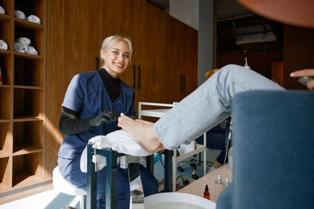 Friendly smiling pedicure specialist in uniform at work in beauty salon