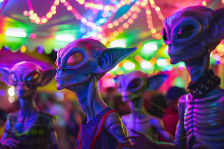 Vibrant and playful alien figures are posing together amidst a backdrop of colorful lights, creating a whimsical scene. Generative AIの素材
