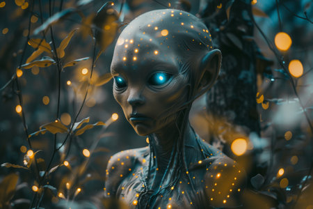 A mesmerizing and captivating alien figure stands in a mystical forest, which is filled with glowing plants. Generative AIの素材