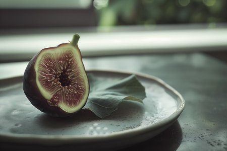 Rustic plate holds juicy fig, sliced open to reveal their stunning vibrant colors and unique texture. Generative AIの素材