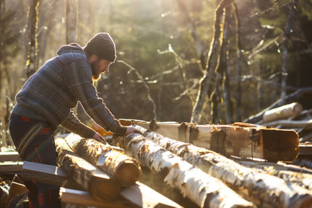 An exceptionally focused and dedicated craftsman skillfully shapes logs under the warm glow of forest sunlight. Generative AIの素材