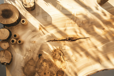 A beautifully detailed wood slice that showcases stunning natural patterns along with captivating shadow play. Generative AIの素材