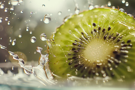 Slice of kiwi, surrounded by droplets, showcases the essence of freshness and healthy eating. Generative AIの素材