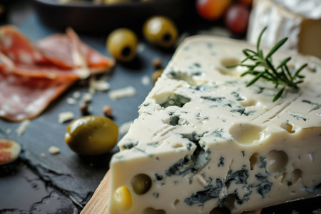 Blue cheese, fresh olives, and savory cured meats on slate create an enticing appetizer for gatherings. Generative AIの素材