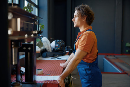 Male auto mechanic looking through window enjoying work break rest