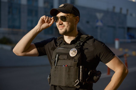 Portrait of confident male patrol police officer standing outdoors