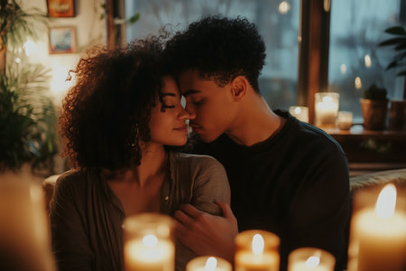 A loving couple shares an intimate moment, surrounded by candlelight and warmth, enhancing their bond. Generative AIの素材