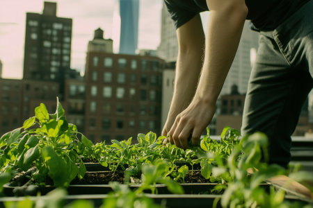 An individual is nurturing various plants in a vibrant rooftop garden in a bustling urban environment. Generative AIの素材