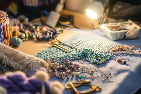 A colorful crafting space filled with beads, yarn, and tools for creative projects and artistic endeavors. Generative AIの素材