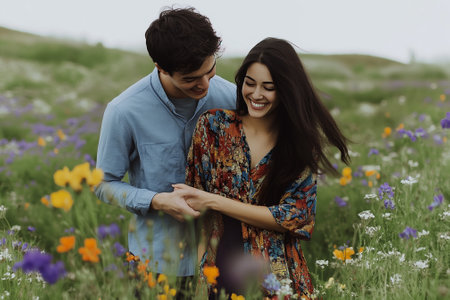 A joyful and loving couple sharing a beautiful moment in a vibrant flower field filled with blossoms on a cloudy day. Generative AIの素材