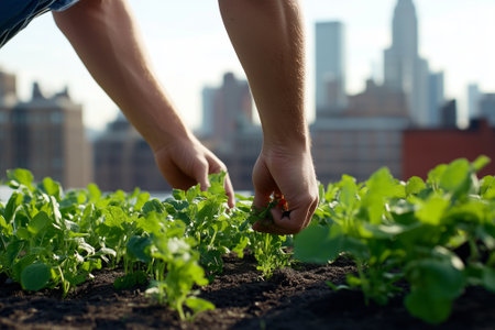 An individual is nurturing various plants in a vibrant rooftop garden in a bustling urban environment. Generative AIの素材