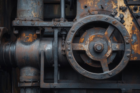 A detailed view of weathered machinery that showcases its rust and wear over time, revealing its history. Generative AIの素材