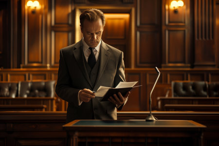 Lawyer confidently stands in a courtroom, embodying both professionalism and undeniable authority. Generative AIの素材