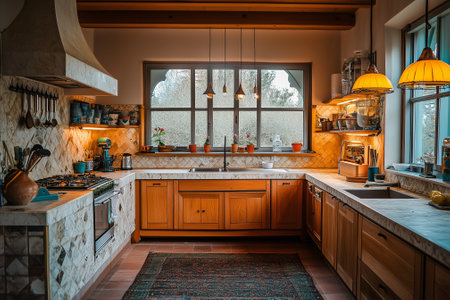 A cozy kitchen with wooden cabinets, natural light, and inviting decor, perfect for cooking and gathering. Generative AIの素材