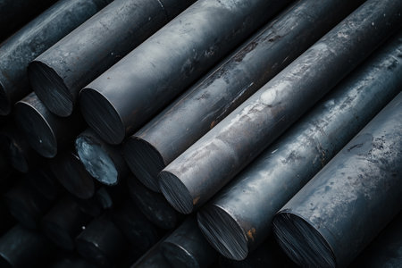 Close-up view showing the dark steel rods that are stacked neatly for various industrial uses. Generative AIの素材