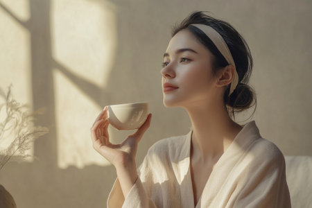 Woman applying skincare products with smooth skin texture. beauty and skincare concept in a minimalist setting with soft, diffused light. Generative AIの素材