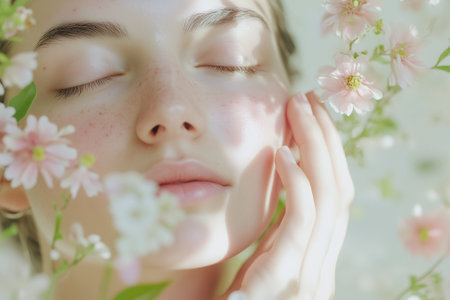 Woman gently touching their face, surrounded by fresh flowers in soft pinks and greens. The close-up captures light reflections on the skin. Generative AIの素材
