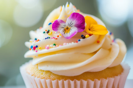 A beautifully decorated cupcake topped with creamy frosting and colorful sprinkles, perfect for celebrations. Generative AIの素材