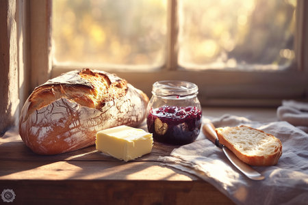 A warm and inviting breakfast setup featuring fresh artisan bread, creamy butter, and flavorful jam by a sunny window. Generative AIの素材
