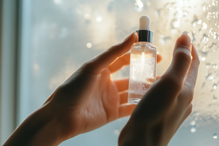 A hand gently cradles a stunning serum bottle, beautifully illuminated by soft, natural light from above. Generative AIの素材