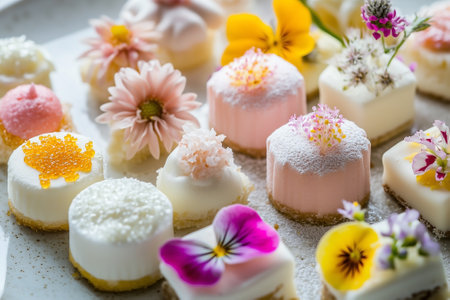 Mini desserts showcase vibrant colors and are decorated with beautifully crafted edible floral designs. Generative AIの素材