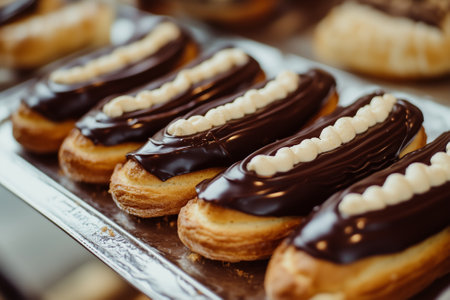 Beautifully crafted chocolate eclairs topped with cream. Delicious dessert for snack. Generative AIの素材