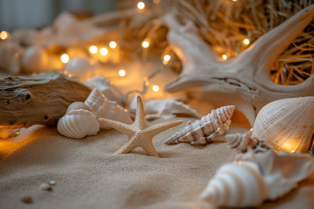 A stunningly beautiful arrangement of seashells, a starfish, along with enchanting fairy lights on a sandy beach decor. Generative AIの素材