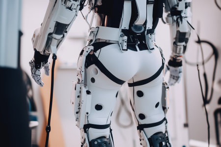 Using a robotic exoskeleton for mobility assistance testing, with a focus on the joints and mechanical parts interacting with the human body. Generative AIの素材