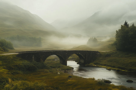 A stunning mountain view featuring a bridge over a river, enveloped in mist and surrounded by lush nature. Generative AIの素材