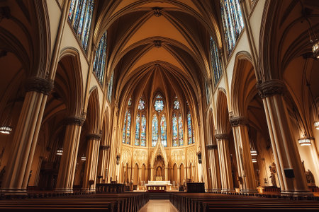 Gothic architecture and vibrant stained glass details. Historic cathedral with stained glass windows and high ceilings. Generative AIの素材