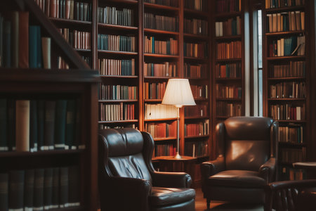 Serene library space is beautifully filled with warm sunlight, many books, and a comfortable chair. Generative AIの素材
