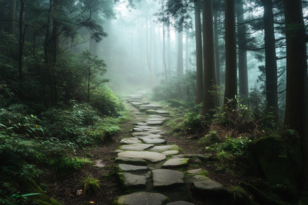A winding stone path meanders through a foggy forest, inviting calm exploration and peace on your journey. Generative AIの素材