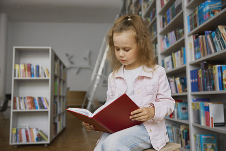 Pretty little girl child reading book while spending time in libraryの写真素材