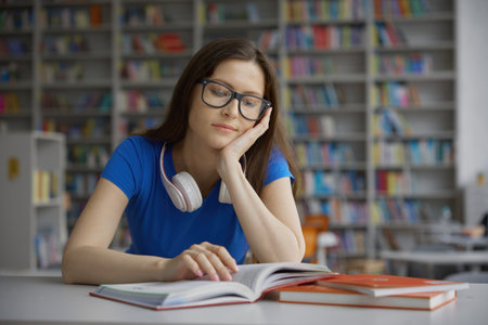 Dreamy young smart woman reading sitting at table in libraryの写真素材