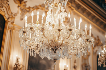 Luxury chandelier with intricate crystal details beautifully brightens a luxurious indoor space. Generative AIの素材