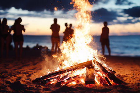 A vibrant beach bonfire scene at sunset, filled with friends joyfully enjoying the warmth and comforting atmosphere. Generative AIの素材