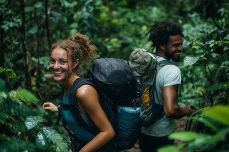 Two joyful hikers navigate a vibrant jungle, embracing natures beauty and adventure as they explore together. Generative AIの素材