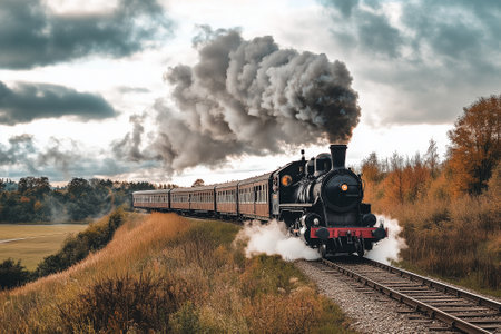 A classic steam locomotive emits smoke while traveling through lush greenery and dramatic skies overhead. Generative AIの素材
