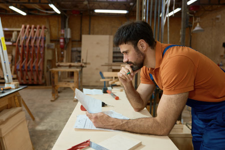 Pensive man carpenter reading blueprints and thinking during woodworking process