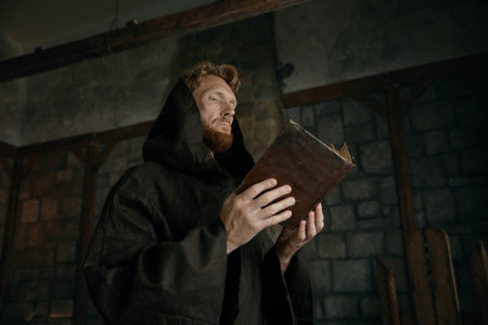 Thoughtful medieval monk reading ancient book in cathedralの写真素材
