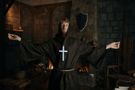 Medieval monk standingの写真素材