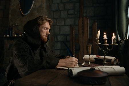 Medieval monk chronicler writing ancient manuscript under candlelightの写真素材