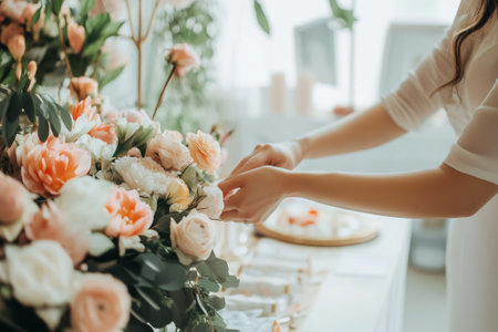 Closeup of professional meticulously arranges stunning floral decor for a truly elegant wedding reception. Generative AIの素材