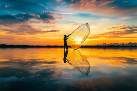 A serene sunset unfolds as a skilled fisherman casts his net, reflecting vibrant hues in the calm waters. Generative AIの素材