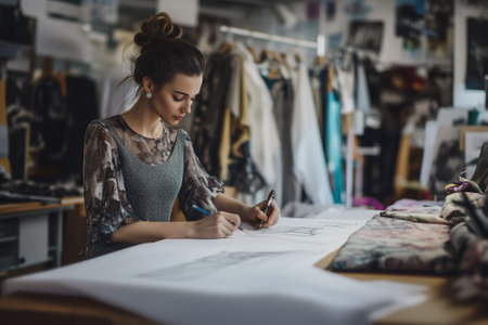 A dedicated and focused fashion designer passionately creating beautiful sketches in an inspiring studio environment. Generative AIの素材