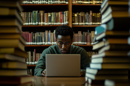 Student worker surrounded by tall stacks of books, symbolizing unwavering knowledge and dedication. Generative AIの素材
