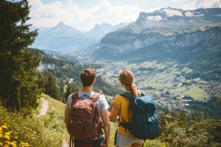 Two backpackers admire the breathtaking mountain scenery during their enjoyable hike through nature. Generative AIの素材