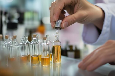 A perfumer skillfully blends aromatic essences in a lab setting, highlighting the craft of scent creation. Generative AIの素材